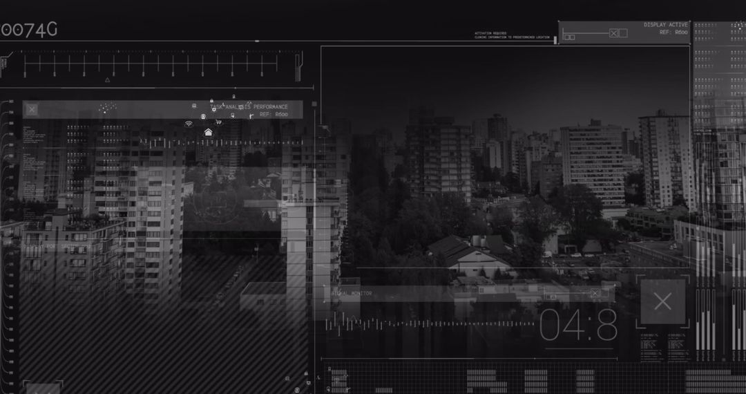 Digital Interface Overlay on Urban Cityscape at Night