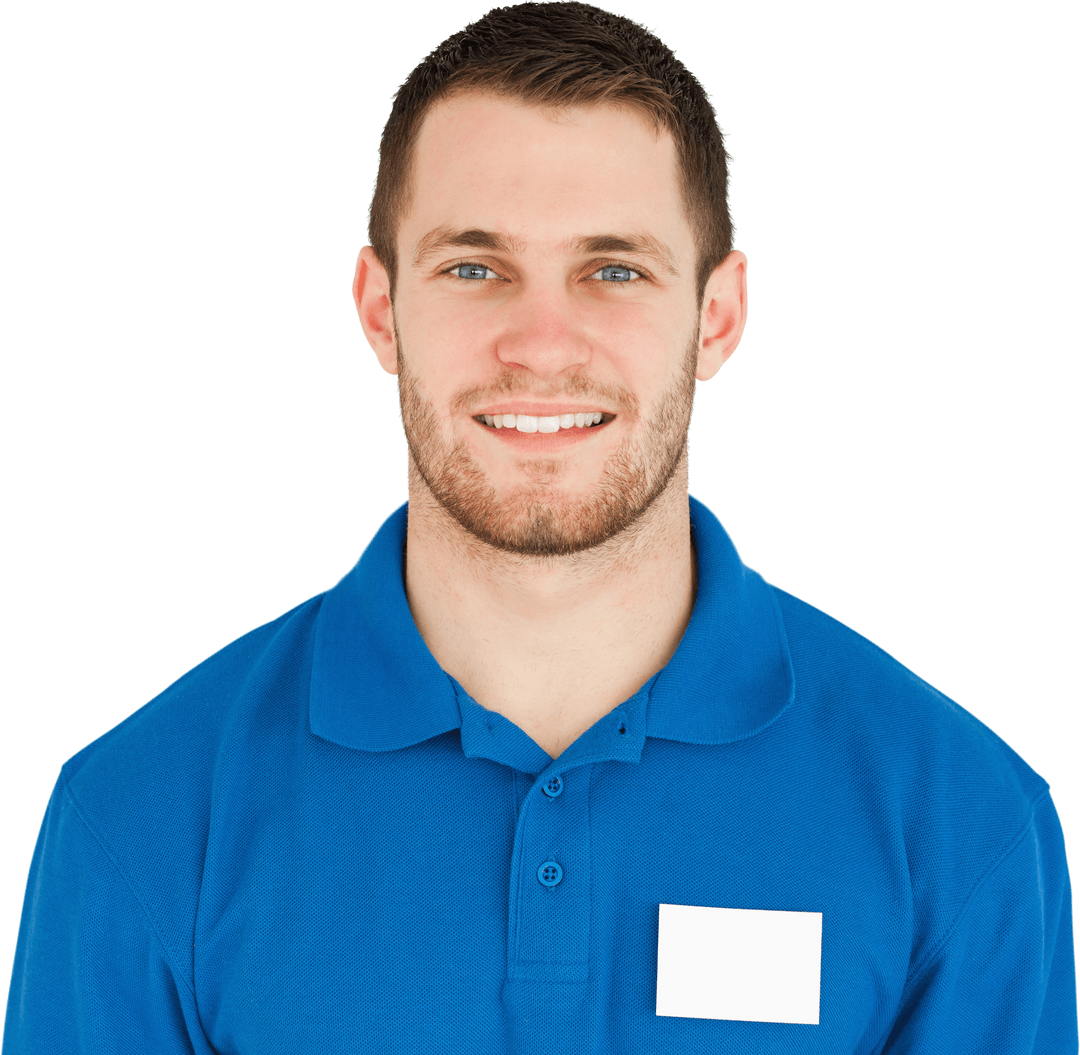 Smiling Young Sales Assistant in Blue Uniform with Transparent Badge