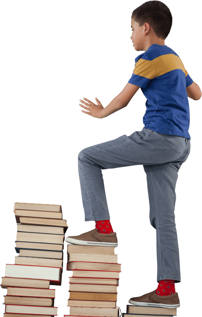 Schoolboy Climbing Stack of Books Against Transparent Background