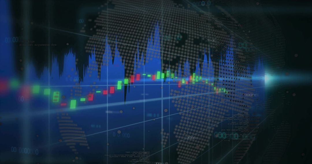 Digital Trading Screen with Candlestick Bars and World Map Overlay