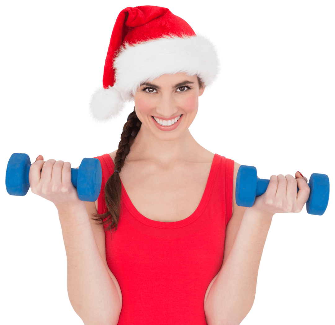 Smiling Woman in Santa Hat Holding Dumbbells on Transparent Background