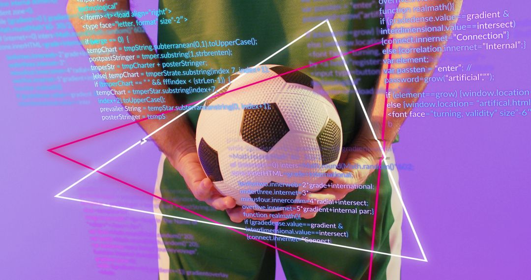 Soccer Player Holding Ball Amid Digital Data Overlay