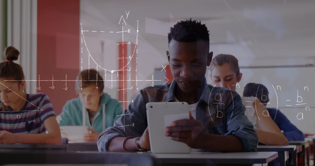 Diverse Students Using Tablets in Modern Math Lesson