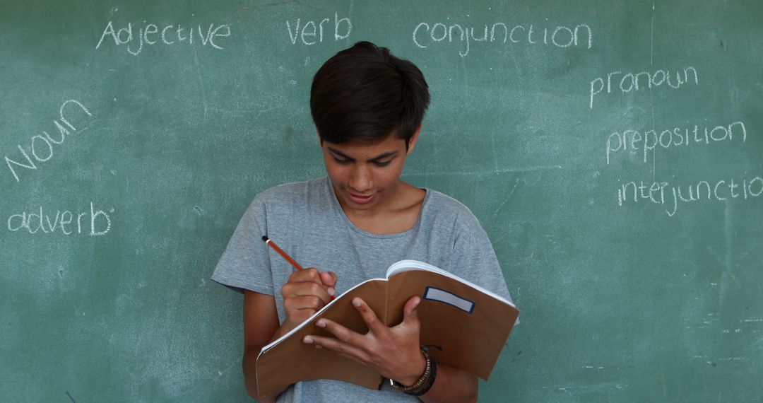 Student Studying English Grammar on Chalkboard Background - Free Images, Stock Photos and Pictures on Pikwizard.com