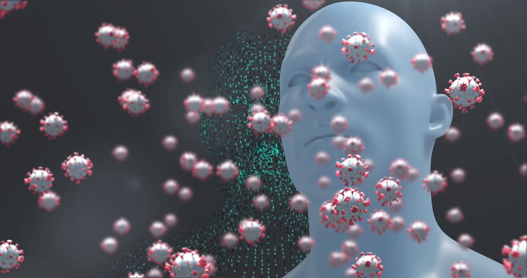 COVID-19 Cells Falling Around Digital Human Figure in Abstract Setting
