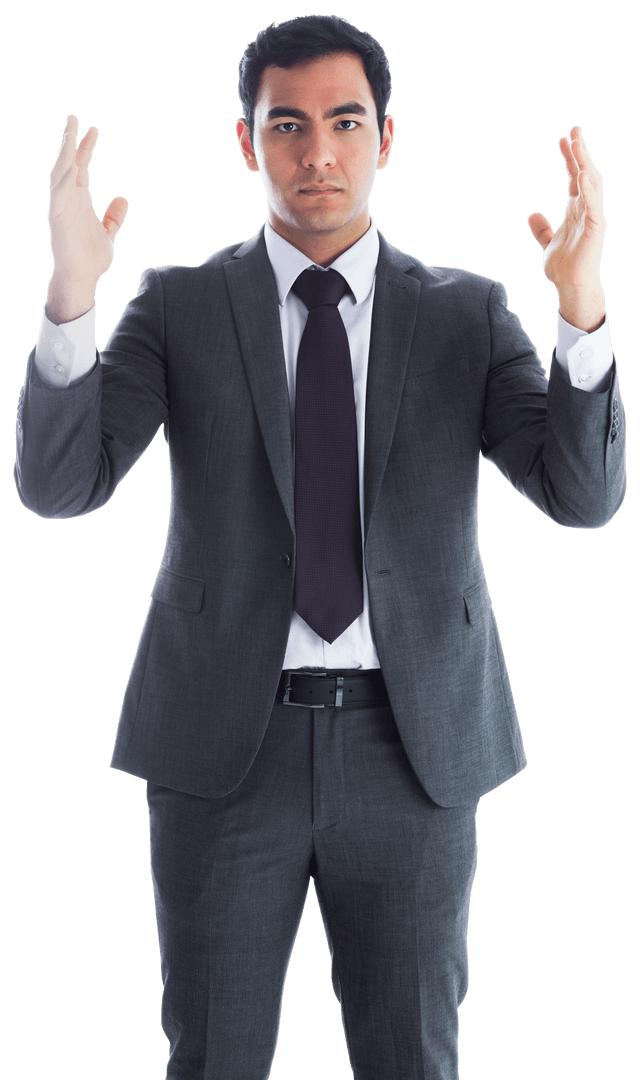 Businessman in Suit Gesturing Hands on Transparent Background