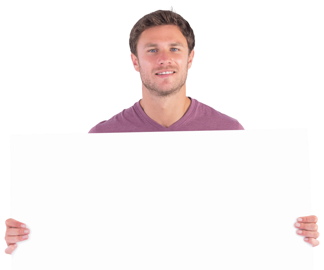 Smiling Man Holding Blank Transparent Sign Isolated