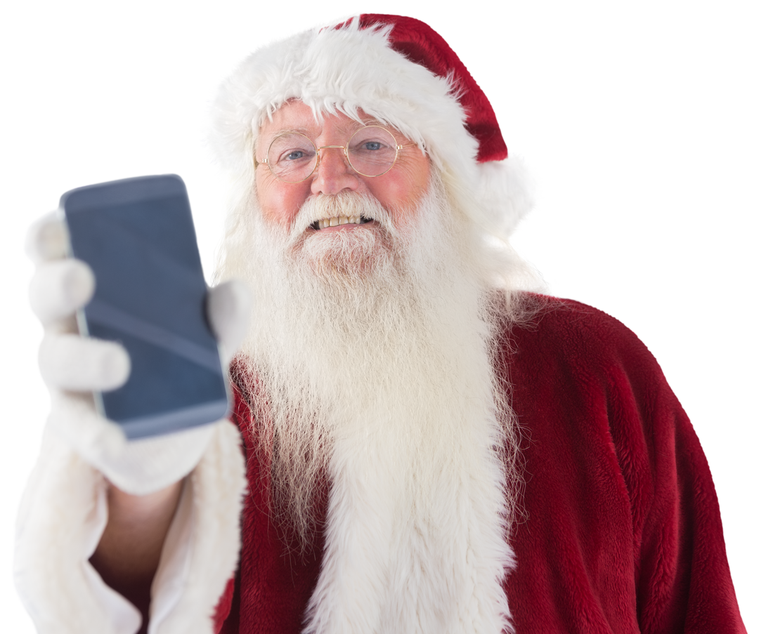 Santa Claus in red suit holding smartphone transparent background - Download Free Stock Images Pikwizard.com