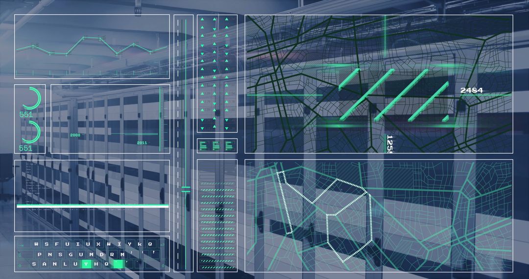Digital Interface with Data Processing Elements Over Server Farm - Free Images, Stock Photos and Pictures on Pikwizard.com