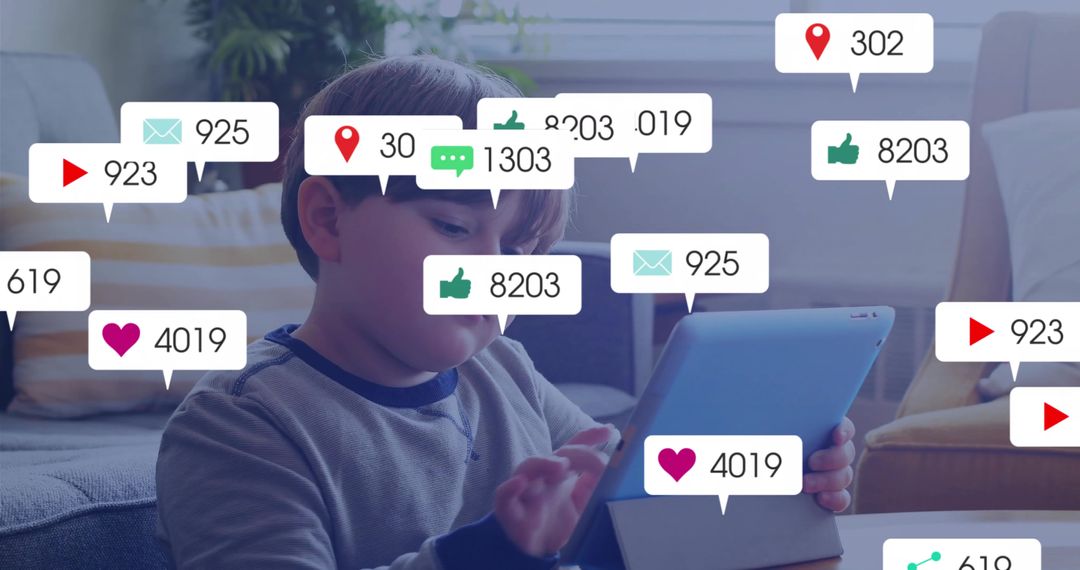 Child Engaged with Tablet Surrounded by Digital Notification Icons
