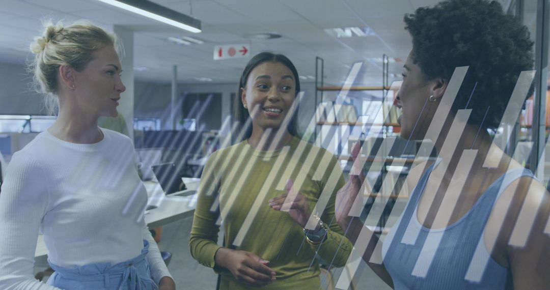 Collaborative Discussion in Modern Office with Financial Overlay