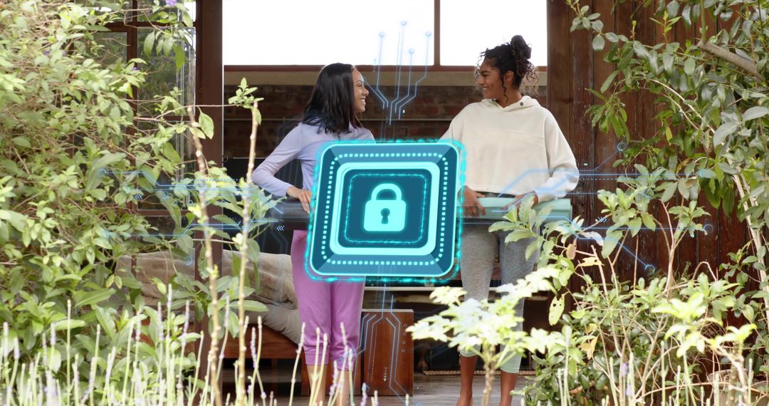 Women on porch talking with holographic padlock symbolizing home cybersecurity