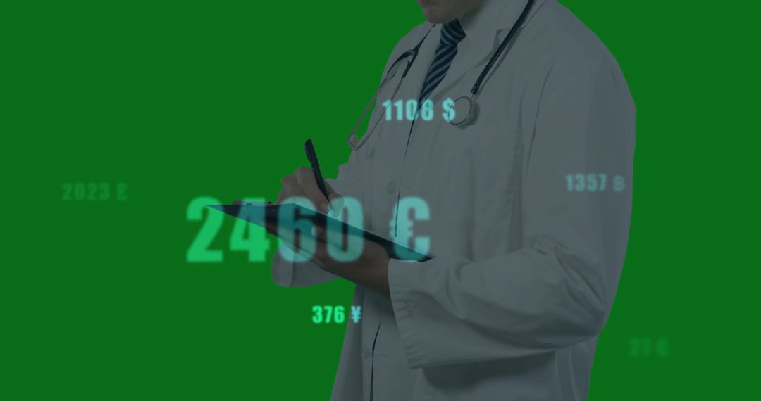 Doctor Analyzing Financial Data with Floating Currency Symbols
