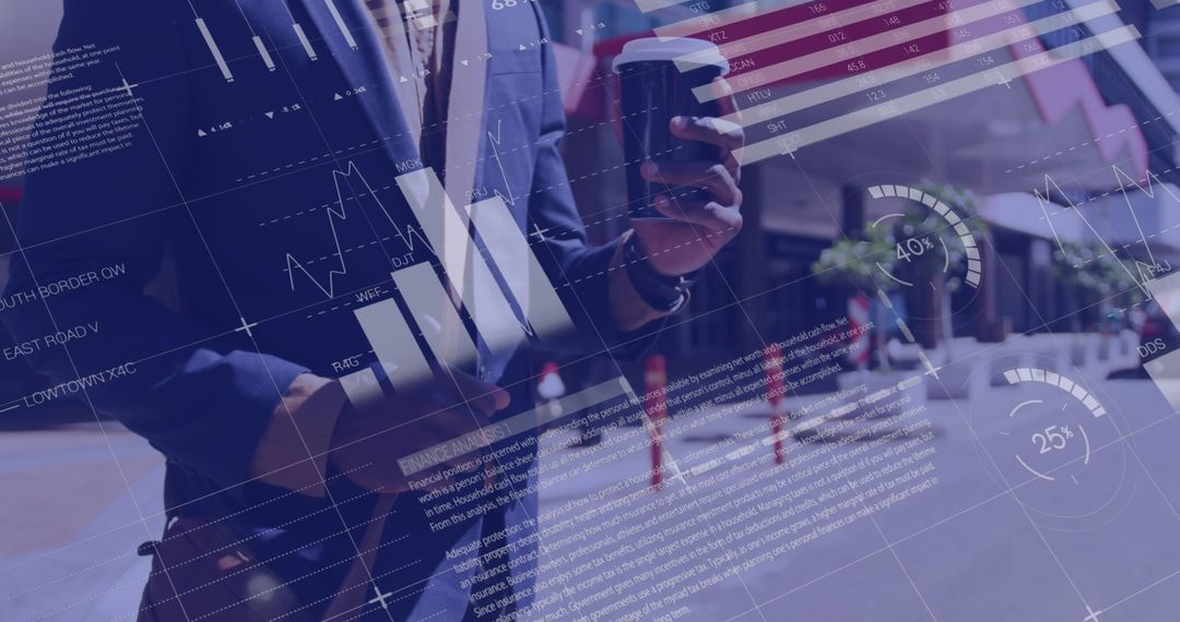 Businessman Analyzing Financial Data on Street with Virtual Graphs Overlay