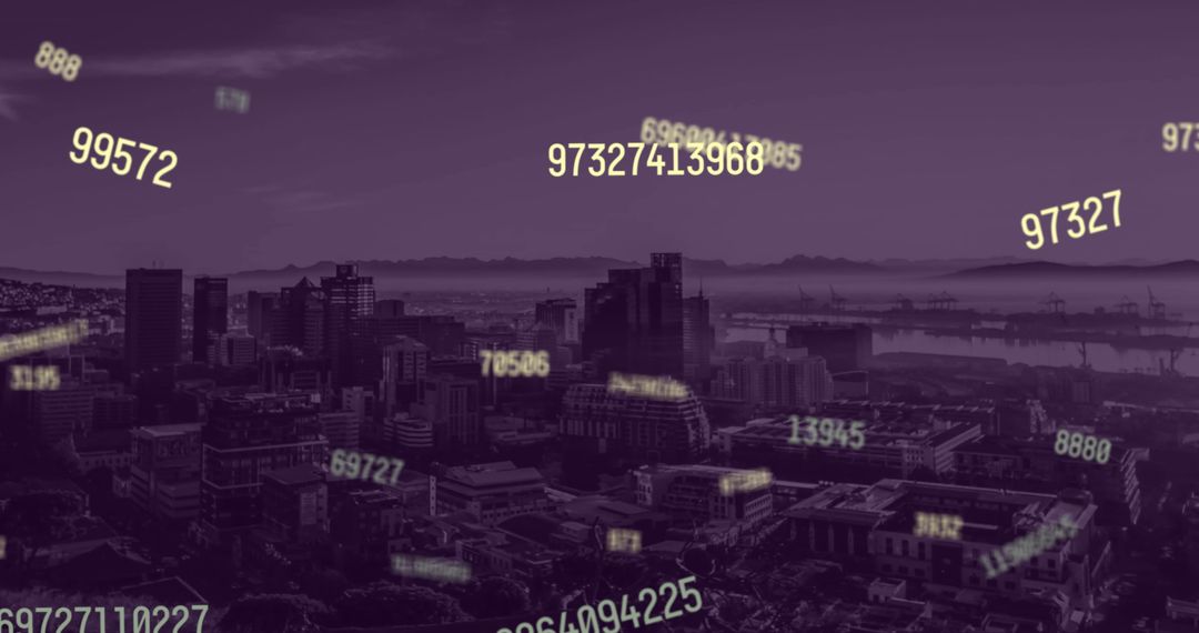 Digital Numbers Overlay Urban Skyline at Sunset