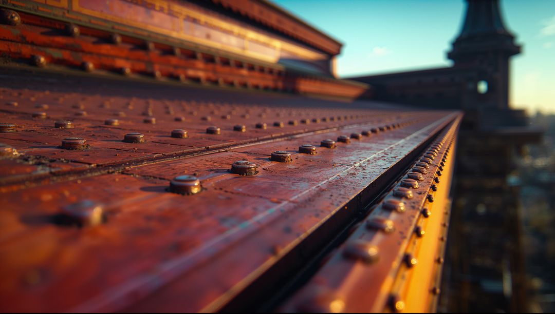 Sunlit Rusty Rooftop Deck with Ornate Tower at Sunset