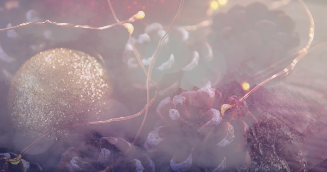 Glistening Christmas Baubles and Pine Cones with Festive Lights