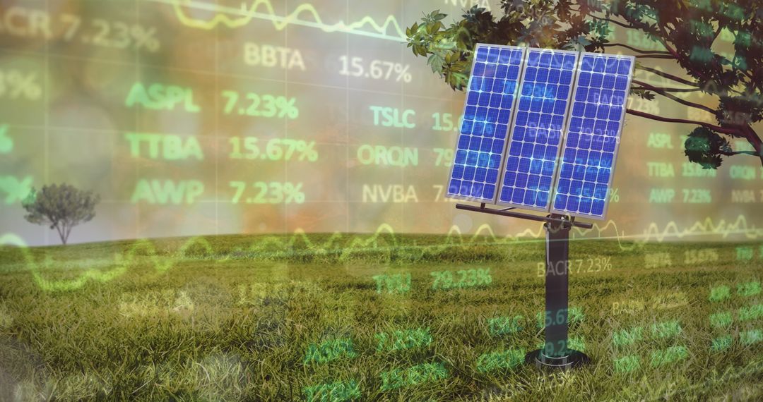 Financial Data Overlay on Solar Panel in Green Field Showing Sustainable Energy Market Growth - Free Images, Stock Photos and Pictures on Pikwizard.com