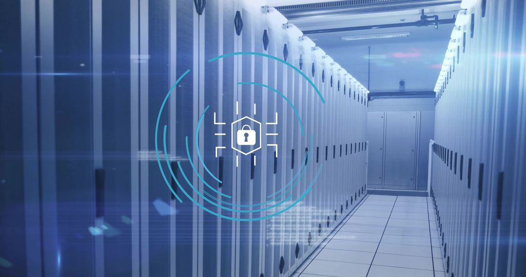 Cybersecurity Lock Icon Overlay in Modern Data Center Corridor