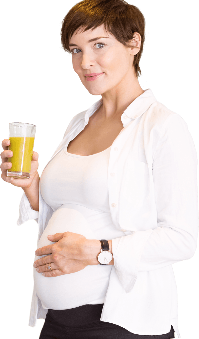 Transparent Pregnant Woman Drinking Healthy Juice Looking Confident