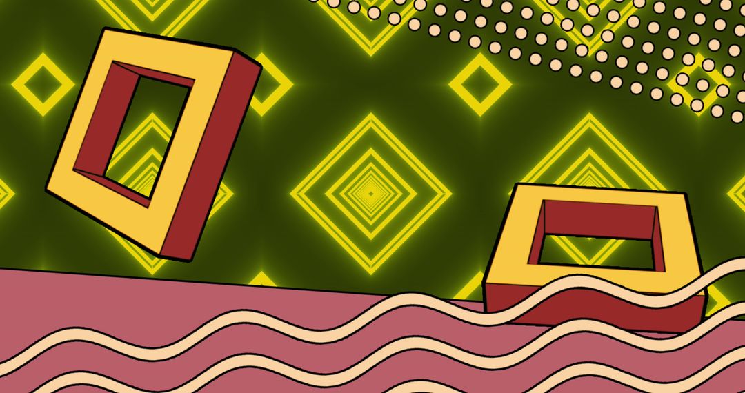 Vibrant Neon Shapes with Abstract Pattern on Dark Background