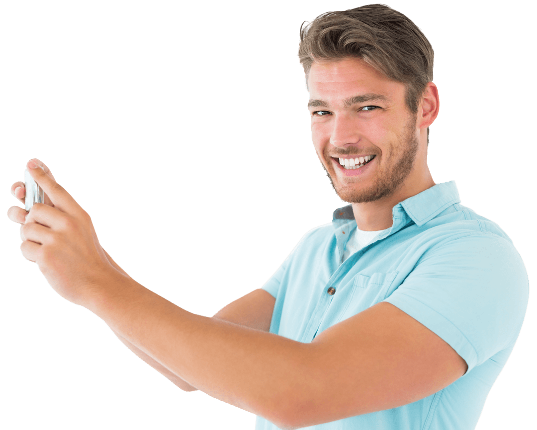 Transparent Smiling Young Man Taking Selfie with Smartphone
