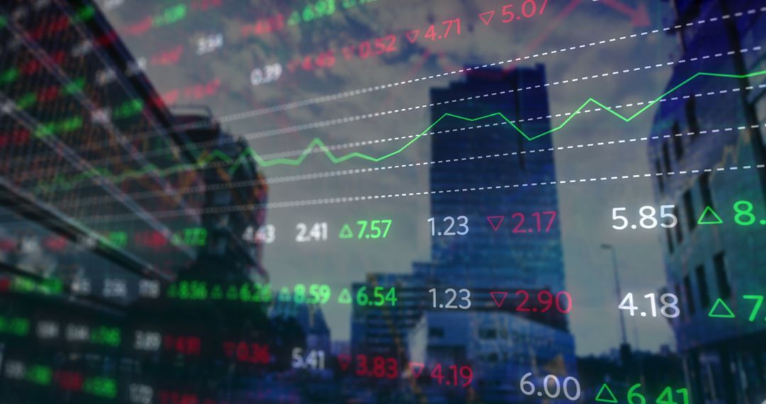 Financial Data Graphs Reflecting on Urban Skyline