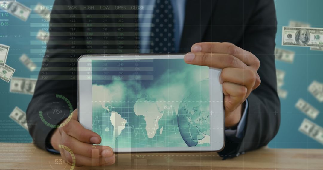 Businessman Holding Tablet Displaying Global Financial Analysis