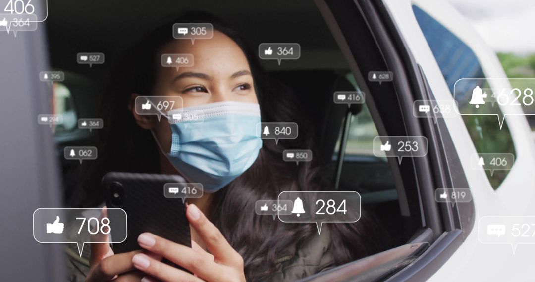 Masked Passenger in Car Receiving Social Media Notifications on Smartphone