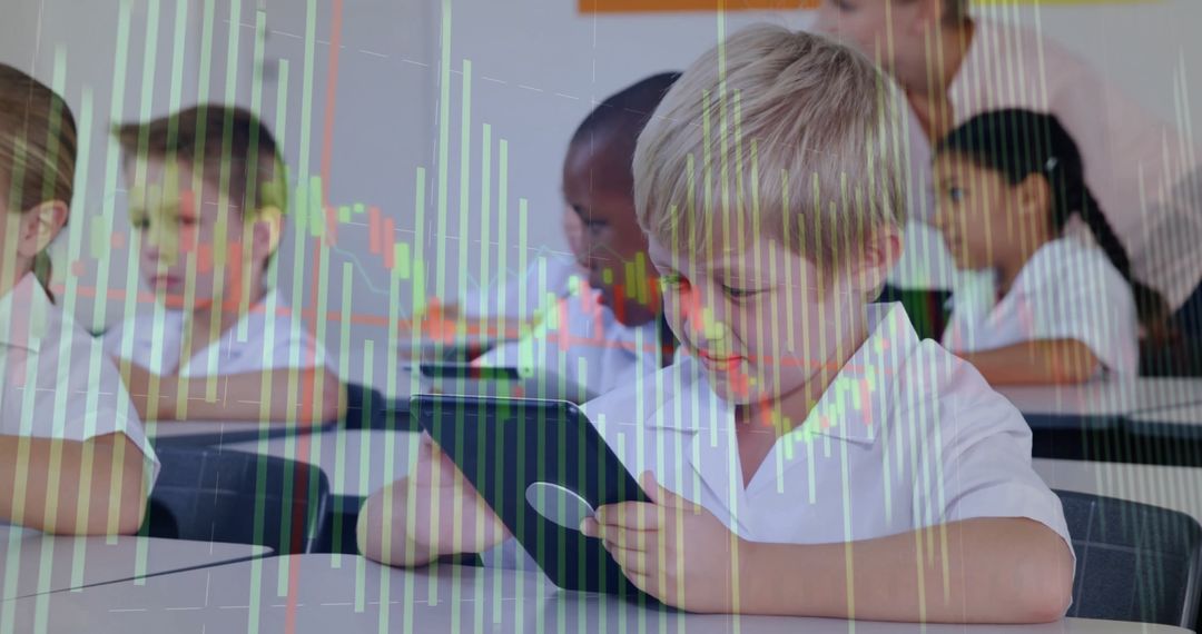 Children Using Tablets in Class with Finance Data Overlay