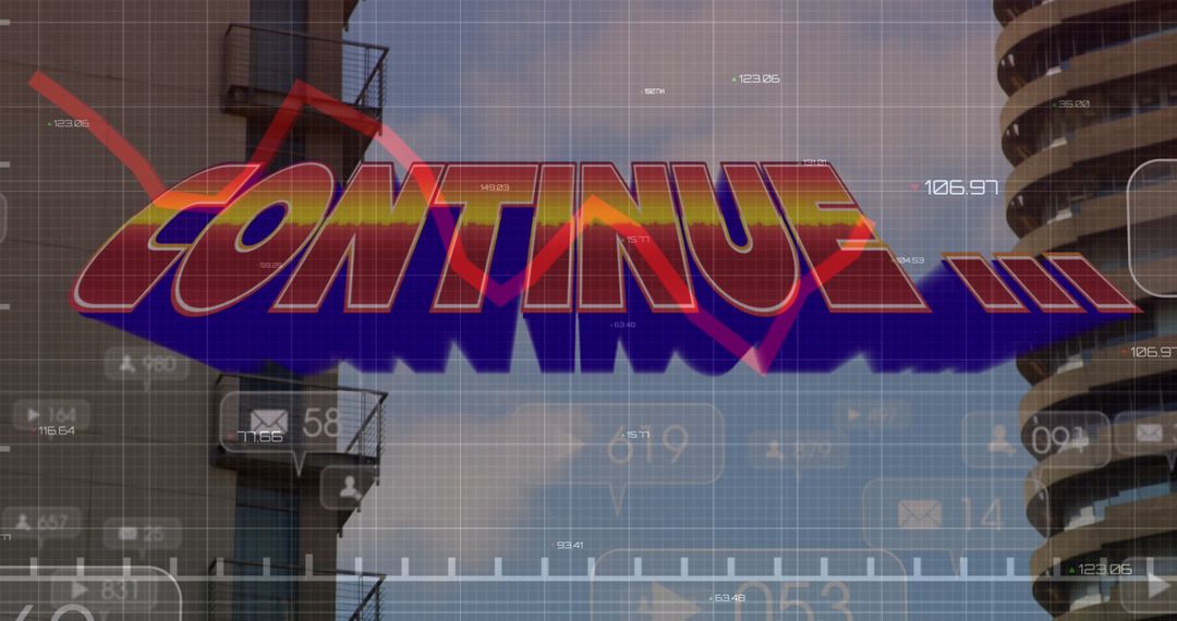 Financial Data Display with Continue Text Overlaying City