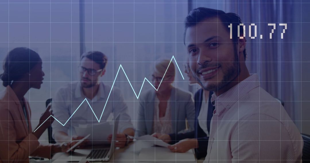 Diverse Team Collaborating in Modern Office with Digital Graph Overlay