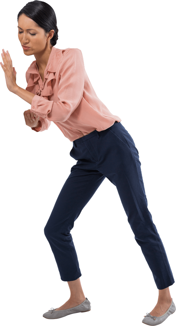 Transparent Biracial Businesswoman Pushing Invisible Wall