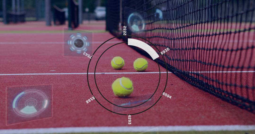 Tennis Balls with Futuristic HUD on Red Court Surface