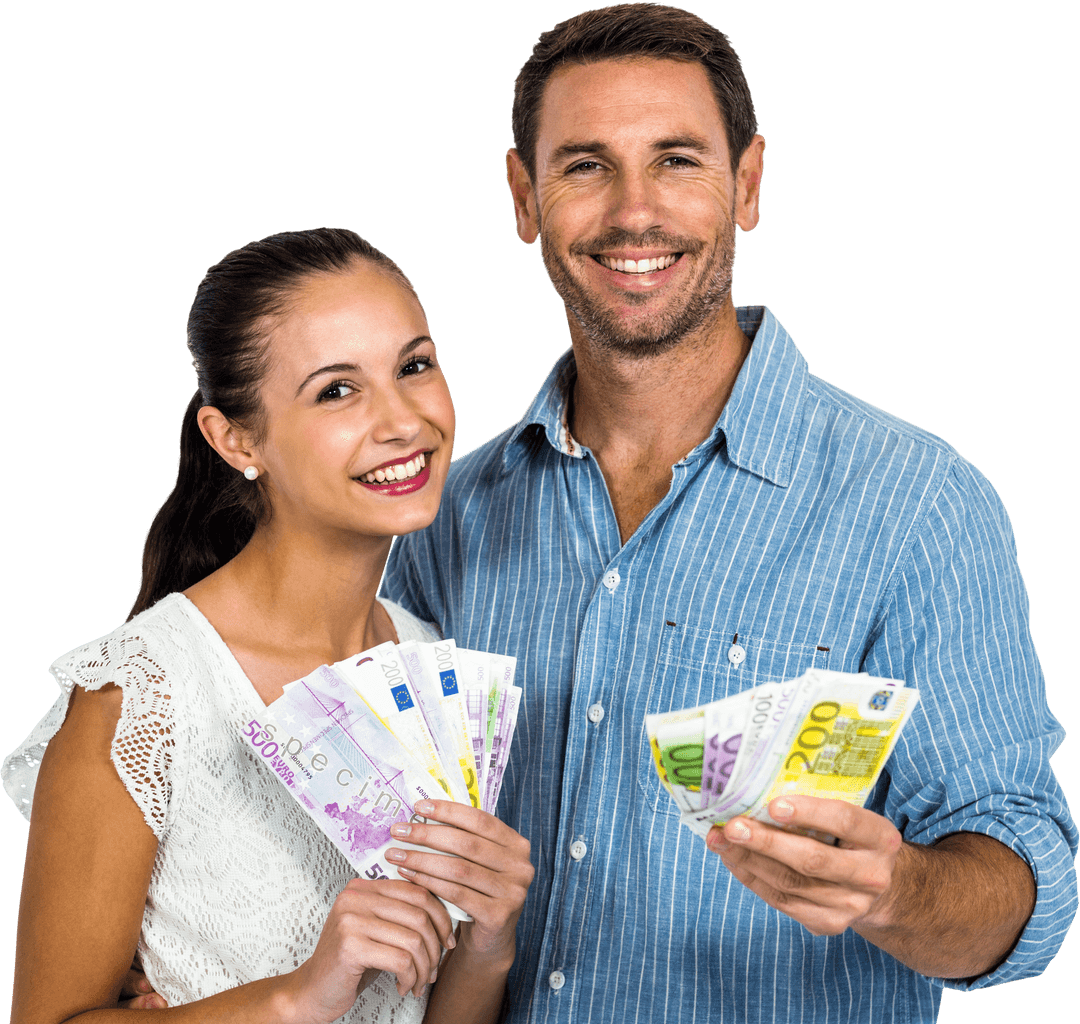 Cheerful Couple Holding European Currency Transparent Background