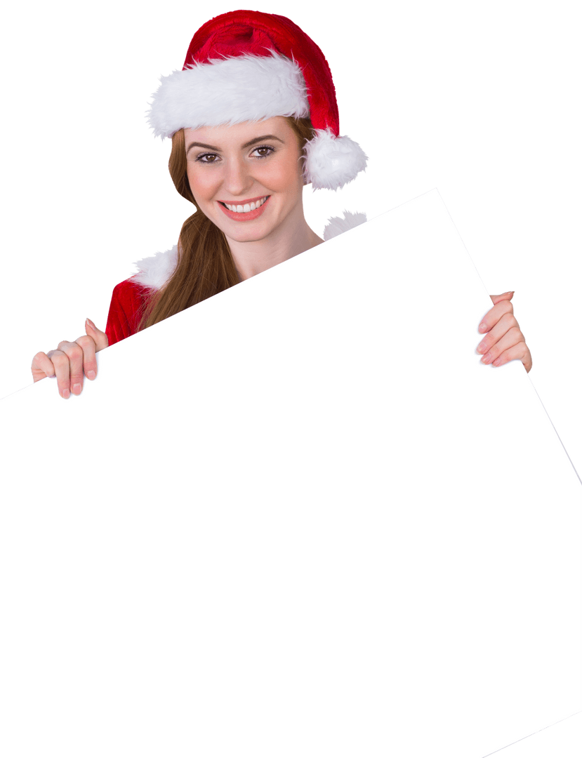 Smiling Woman in Christmas Costume Holding Blank Transparent Card