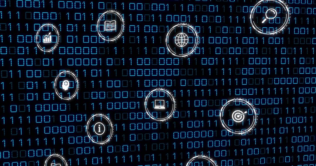 Digital network with data icons on binary background