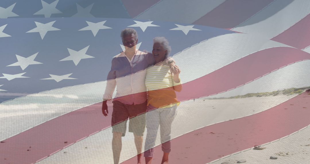 Senior Couple Hugging on Beach with USA Flag Overlay