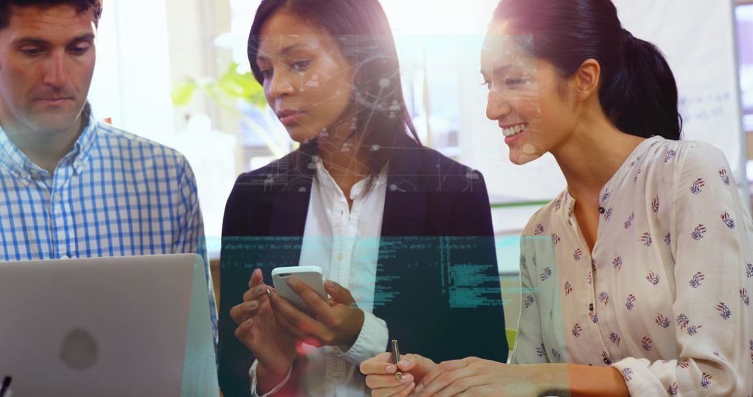 Diverse Team Collaborating on Data Project with Technology Overlay