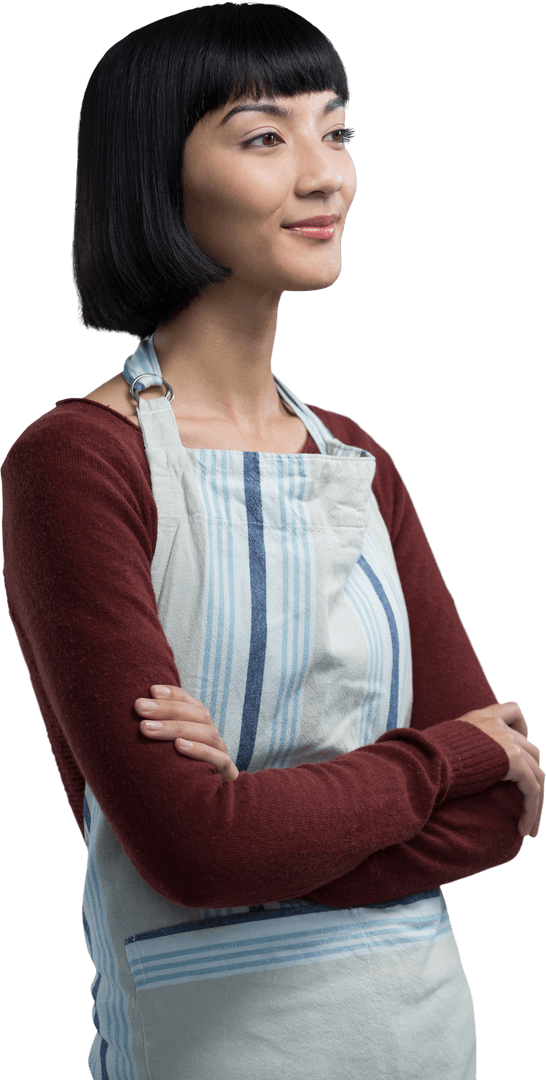 Smiling Waitress in Striped Apron with Arms Crossed on Transparent Background