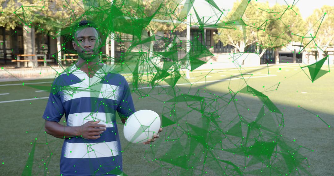 Black Rugby Player Holding Ball on Turf with Futuristic Green Network Overlay
