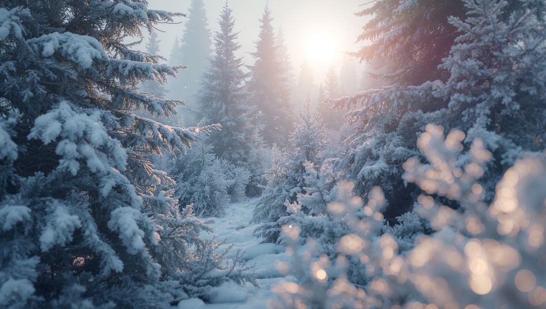 Winter Sunlight Through Misty Pines in Snowy Forest