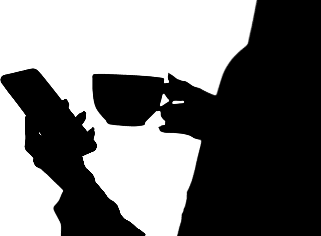 Silhouette of Woman with Coffee and Smartphone on Transparent Background