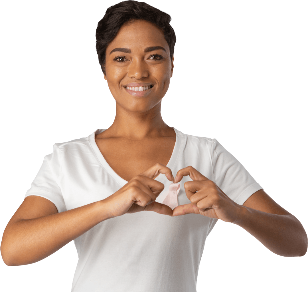 Transparent Smiling Woman Forming Heart Shape with Pink Ribbon