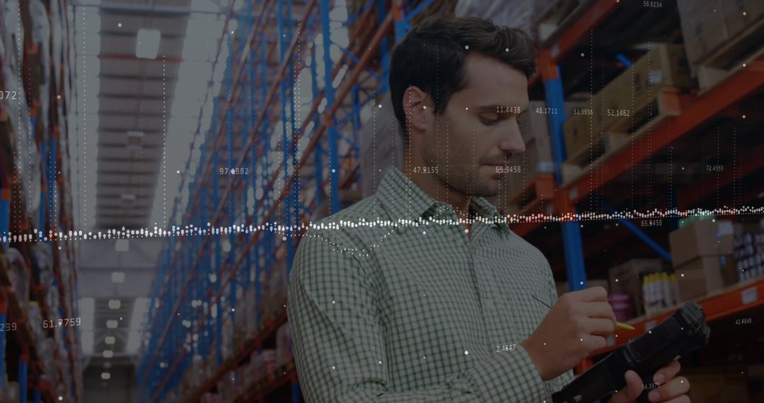 Businessman Checking Warehouse Stock with Digital Visuals Overlay