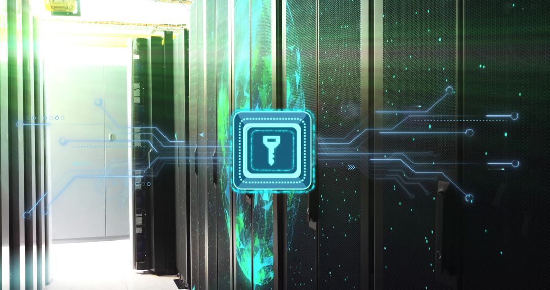Digital Data Security Concept with Key Icon Over Servers