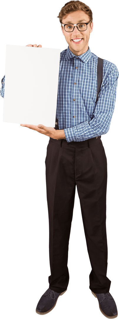 Geeky Hipster Holding Blank Sign Transparent Background