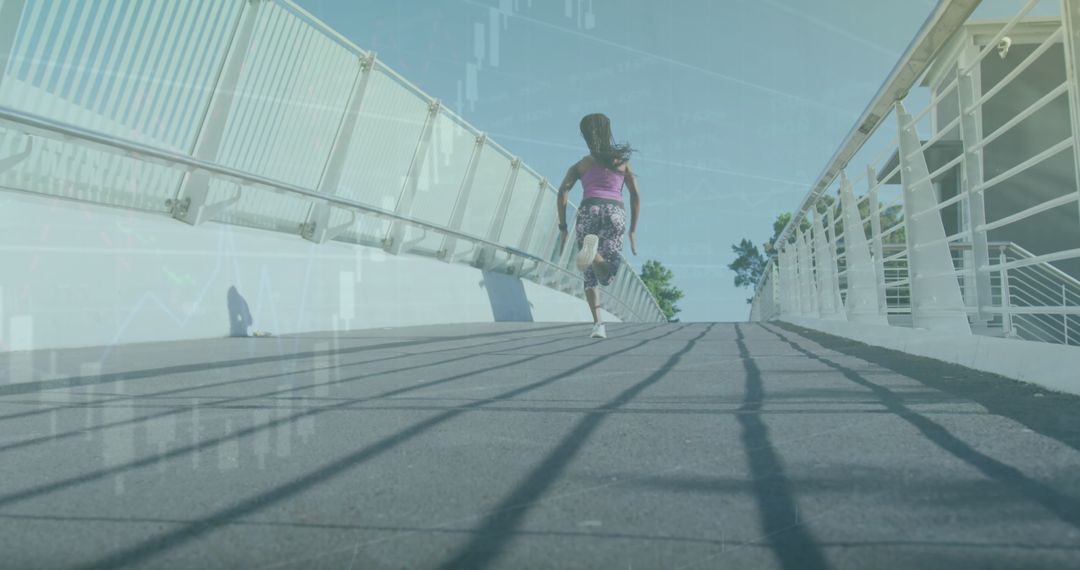 Female Athlete Runs on Urban Footbridge with Superimposed Data Graphics