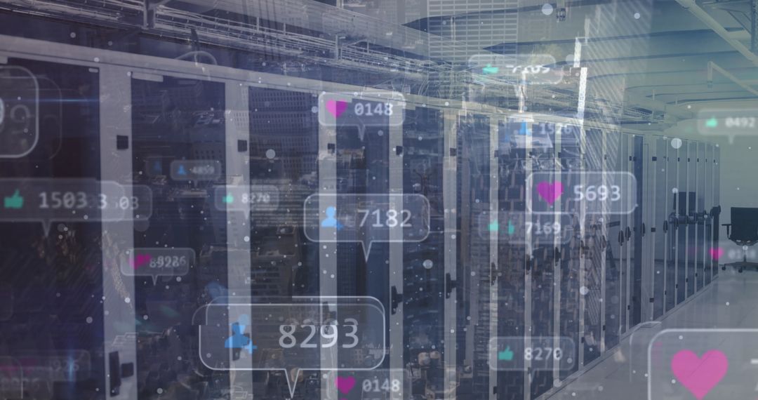 Social Media Icons Overlaying Modern Data Center with Servers