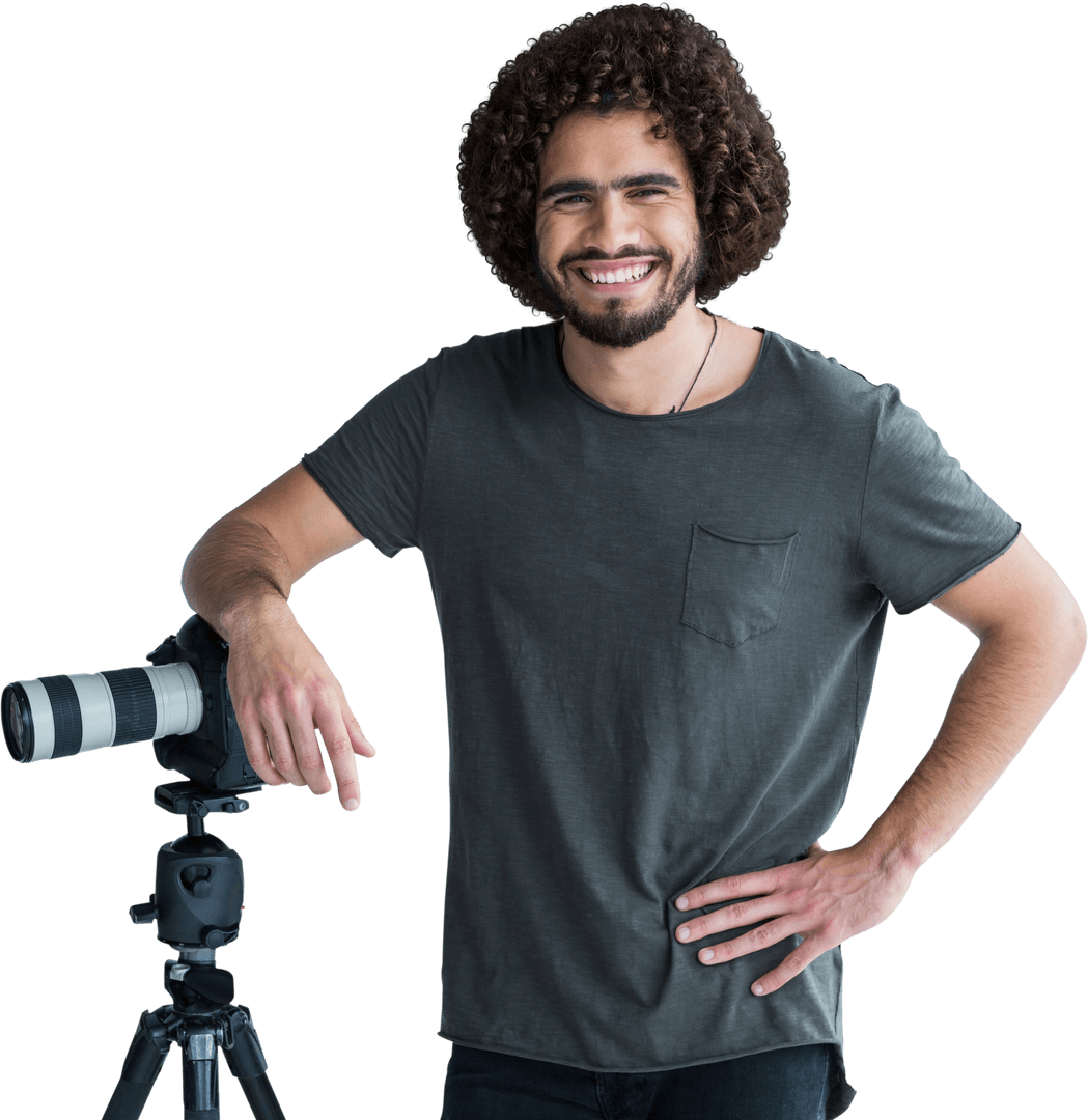 Transparent Background: Smiling Photographer with Tripod and Camera
